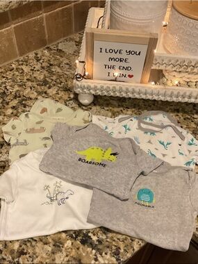 3-6 month Baby Dinosaur Onesies- Gray, White, Mint